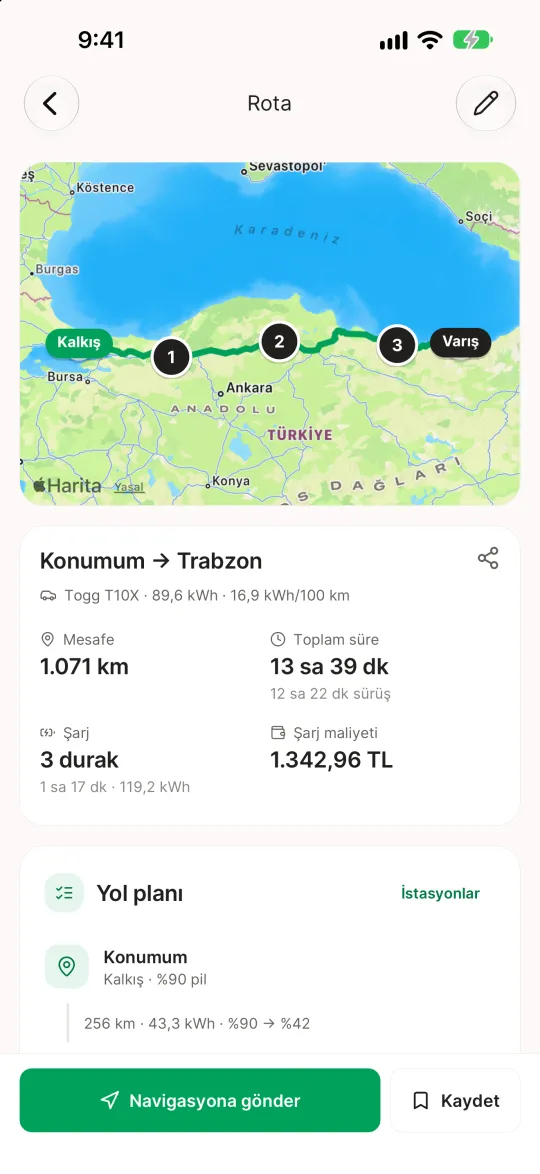 Bataryo uygulamasında rota planlayıcı: şarj molaları, süre ve maliyet