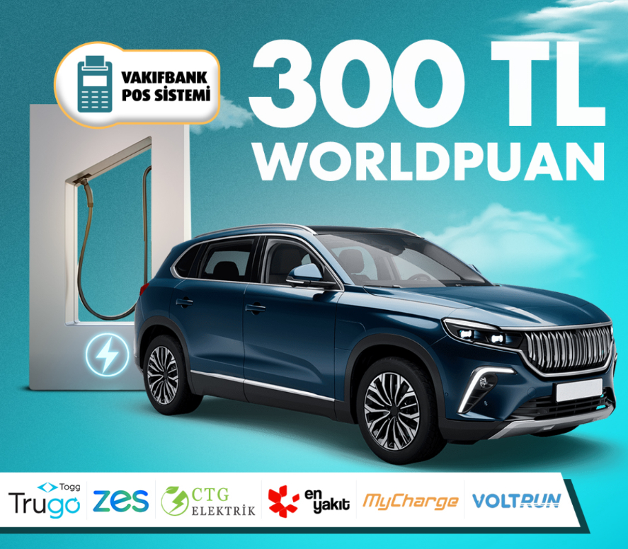 Seçili elektrikli şarj istasyonlarından yapacağınız harcamalara 300 TL Worldpuan hediye